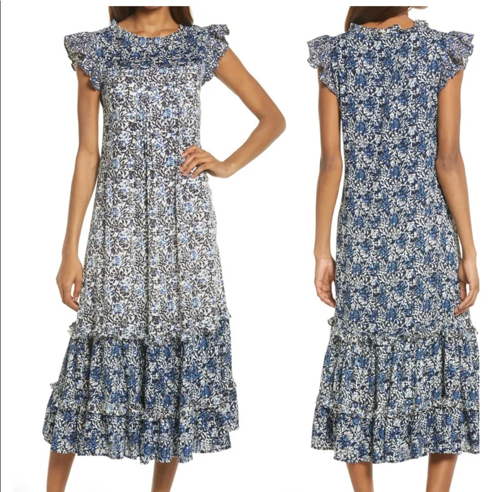 ISO Area Stars Blue Vine Maxi Dress Floral Pleat & Ruffle